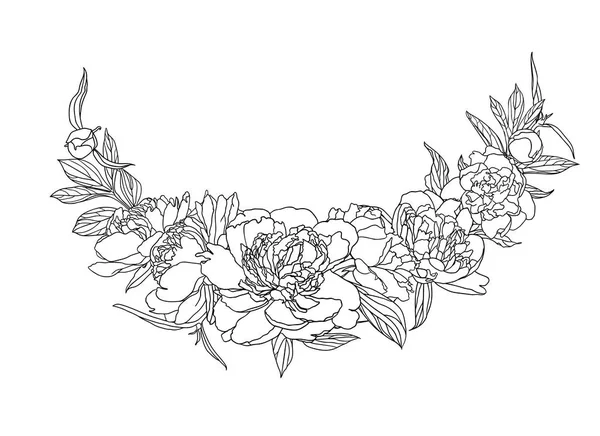 Decoración Lineal Vectorial Blanco Negro Flores Peonía — Archivo Imágenes Vectoriales