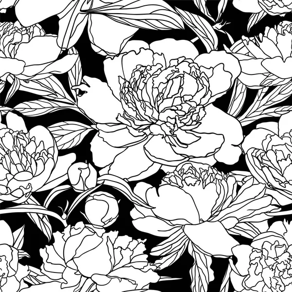 Бесшовный Векторный Рисунок Пионские Цветы Черные Линии Белом Каждый Цветок — стоковый вектор