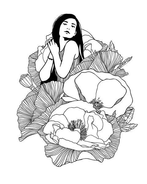 Chica Con Flores Amapola Ilustración Lineal Vectorial — Archivo Imágenes Vectoriales