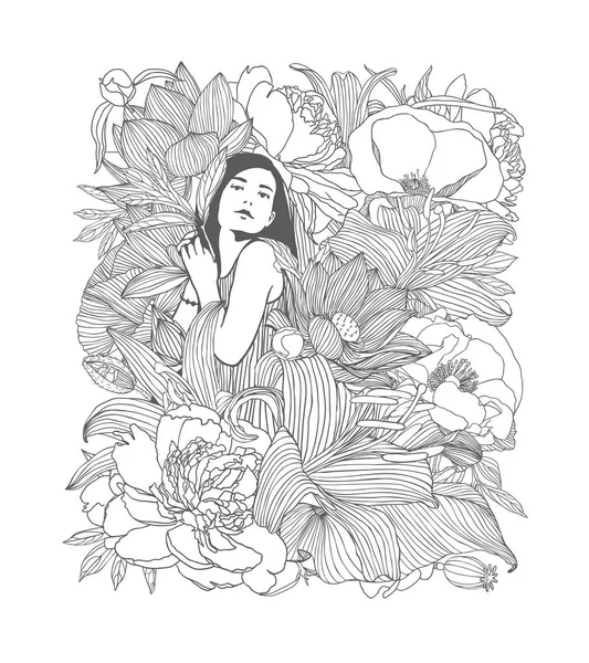 Gadis Dengan Bunga Vektor Ilustrasi Linear Hitam Dan Putih - Stok Vektor