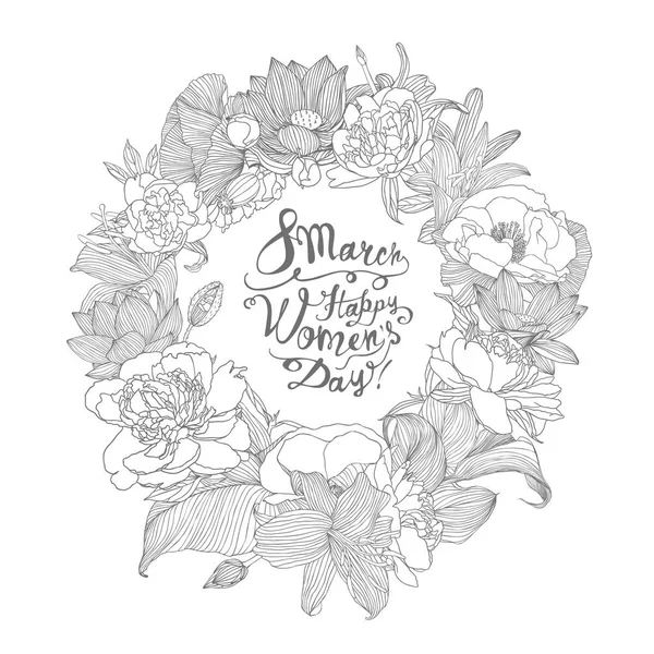 Marzo Feliz Día Mujer Tarjeta Felicitación Vectorial Con Corona Floral — Vector de stock