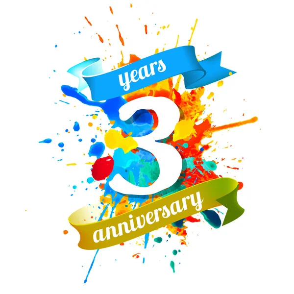 Tres Años Aniversario Vector Acuarela Salpicadura Pintura — Vector de stock