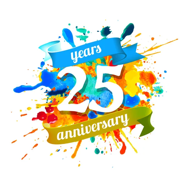 Twenty Five Years Anniversary Vector Watercolor Splash Paint — Stock Vector