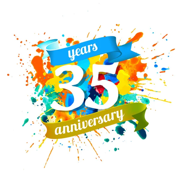 Thirty Five Years Anniversary Vector Watercolor Splash Paint — Stock Vector