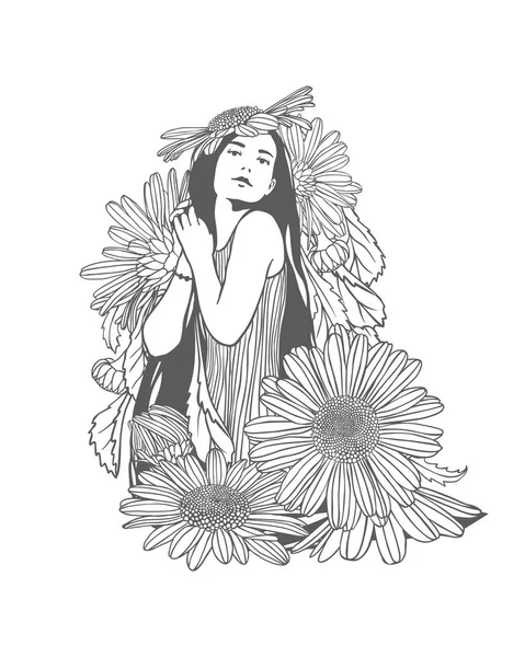 Chica Con Flores Manzanilla Ilustración Lineal Vectorial — Vector de stock