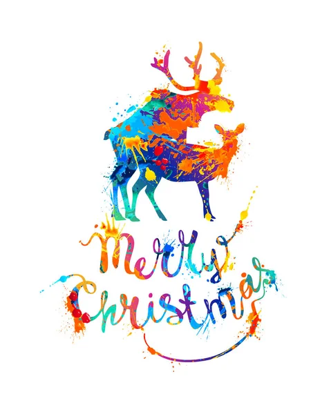Χαρούμενα Χριστούγεννα Κάρτα Συγχαρητηρίων Σιλουέτα Του Ζευγαρώματος Ελάφια Splash Χρώμα — Διανυσματικό Αρχείο