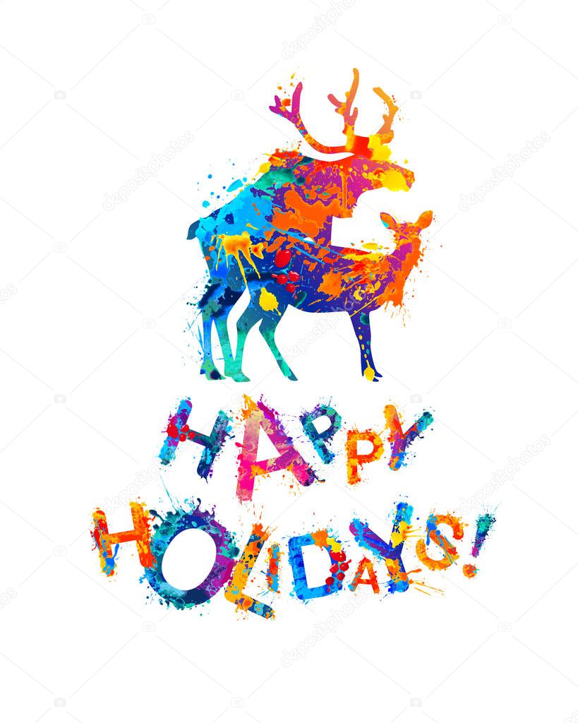 Happy Holidays congratulation card with silhouette of mating deers. Vector splash paint