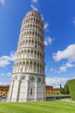 Pisa Kulesi mavi gökyüzü arka plan üzerinde. İtalyan Simgesel Yapı