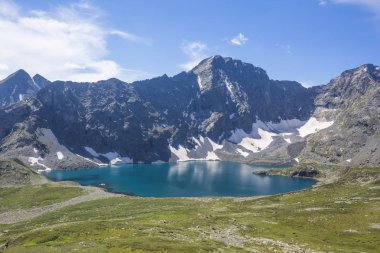 İsimsiz Geçit 'ten Yeshtu Vadisi' nin manzarası. Ala-Askir Gölü. Altai Dağı manzarası