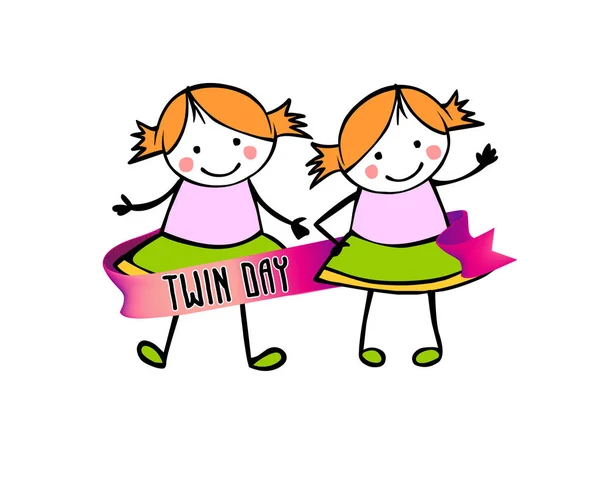 Twins Day Congratulation Card Flat Vector People Children Style — Stock Vector