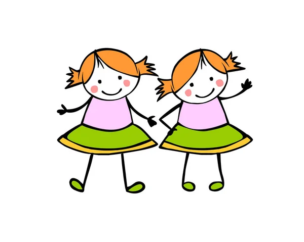 Twins Girls Sisters Flat Vector People Children Style — Stock Vector