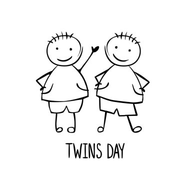 Twins day. Congratilation card with linear vector people in the children's style clipart