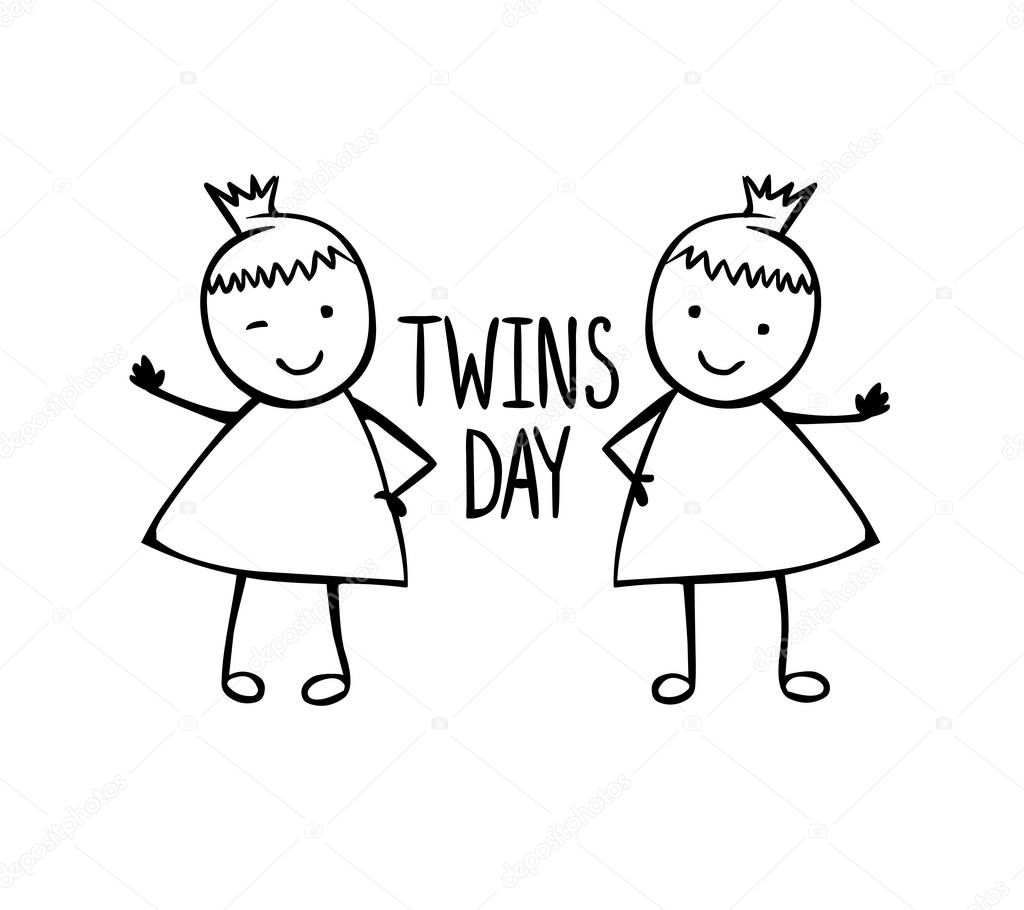 Twins day. Congratilation card with linear vector girls in the children's style