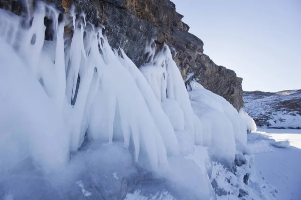 Icicles Ogoi Island Rock Lake Baikal Winter Landscap — Stock Photo, Image