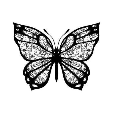 Desenli kanatlı kelebek. Dövme için vektör işaret. Beyaz arka planda siyah