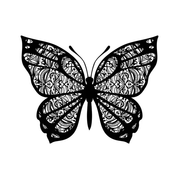 Mariposa Con Alas Estampadas Signo Vectorial Para Tatoo Negro Sobre — Vector de stock