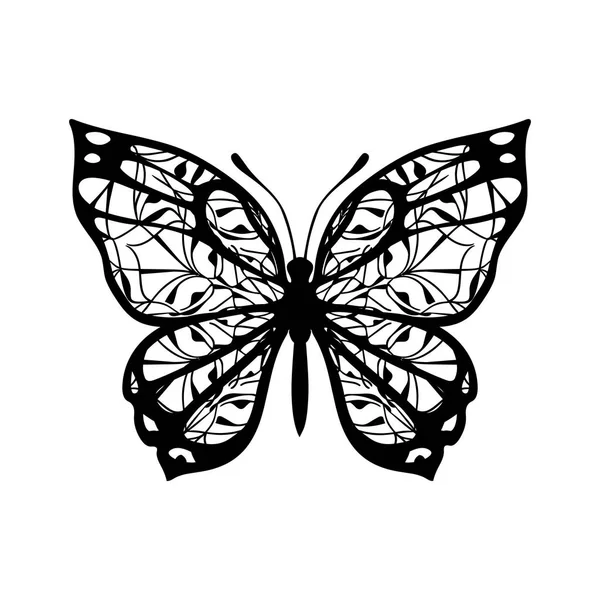 Бабочка Узорчатыми Крыльями Векторный Знак Тату Черный Белом Фоне — стоковый вектор