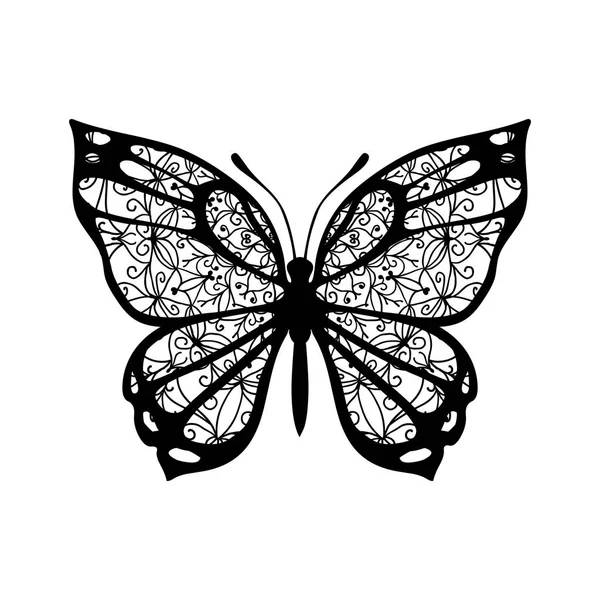 Schmetterling Mit Gemusterten Flügeln Vektor Zeichen Für Tätowierung Schwarz Auf — Stockvektor