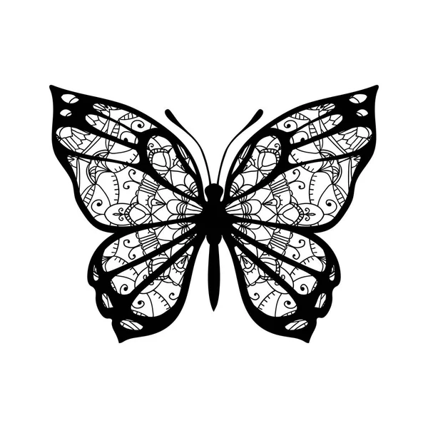 Schmetterling Mit Gemusterten Flügeln Vektor Zeichen Für Tätowierung Schwarz Auf — Stockvektor