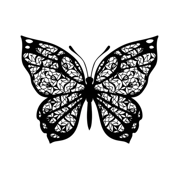 Бабочка Узорчатыми Крыльями Векторный Знак Тату Черный Белом Фоне — стоковый вектор