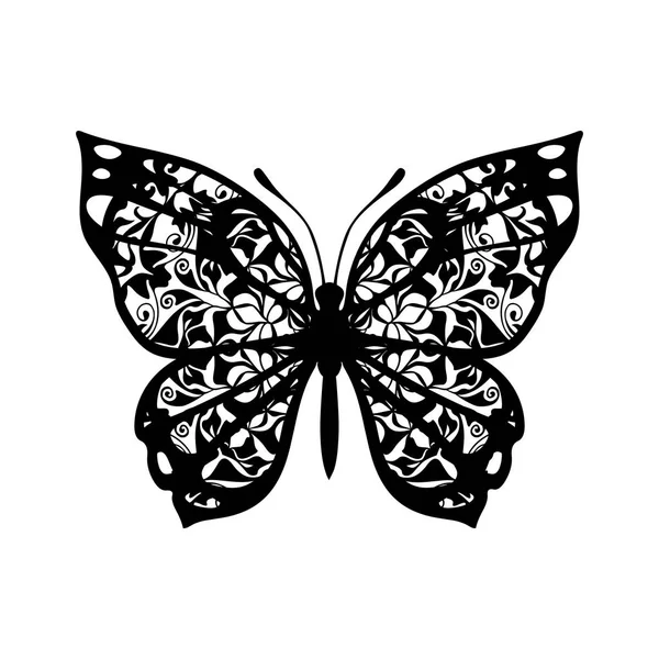 Mariposa Con Alas Estampadas Signo Vectorial Para Tatoo Negro Sobre — Vector de stock