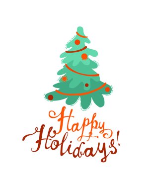 Noel ağacı ve el yazılı yazıt ile mutlu tatil tebrik kartı