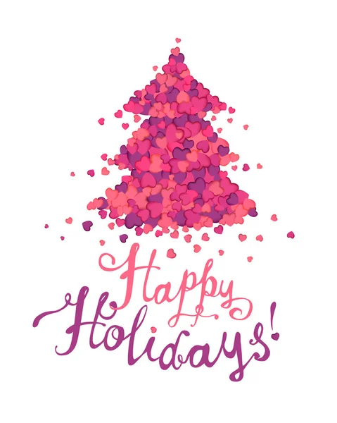 Happy Holidays Gratulacje Karty Boże Narodzenie Drzewo Różowe Serca Odręczny — Wektor stockowy
