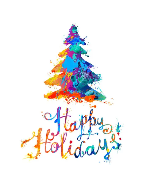 Happy Holidays Felicitatie Kaart Met Kerstboom Hand Schrijven Aquarel Splash — Stockvector
