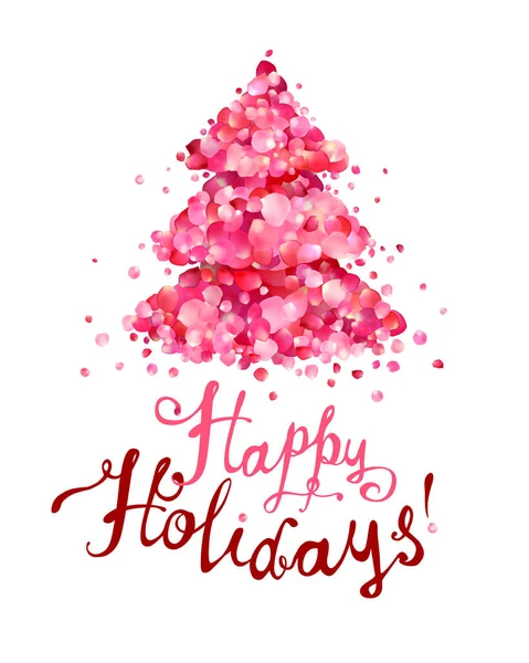 Happy Holidays Felicitatie Kaart Kerstboom Van Roze Roze Bloemblaadjes Handgeschreven — Stockvector
