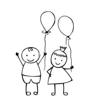 Doğrusal erkek ve kız balonlarla. Küçük insanlar 