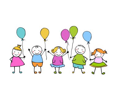 Arkadaşlar. Balonlar ile kız ve erkek. Çocuklarda küçük insanlar