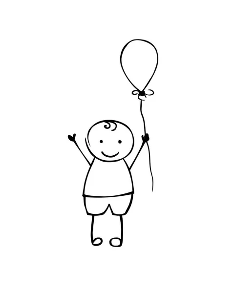 Linjär vektor pojke med ballong. Svart på vitt — Stock vektor