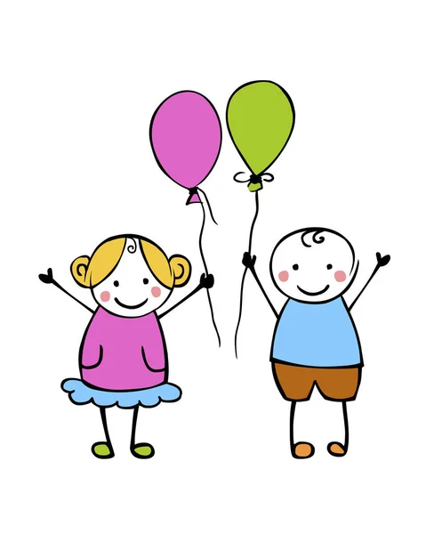 Pojke och flicka med ballonger. Små människor — Stock vektor