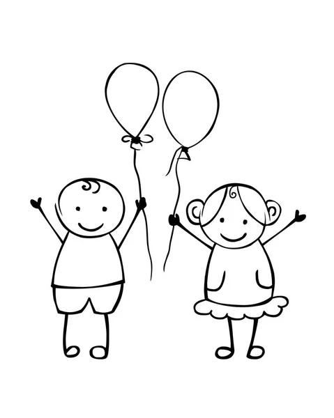 Linjär pojke och flicka med ballonger. Små människor — Stock vektor