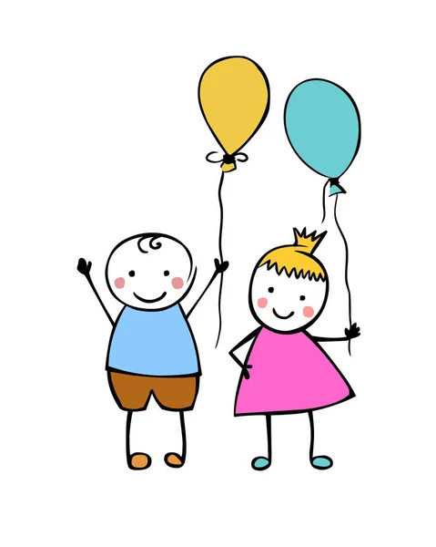 Niño y niña con globos. Gente pequeña. Pareja vectorial — Archivo Imágenes Vectoriales