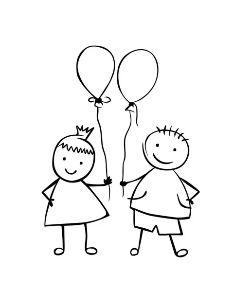 Niño y niña lineales con globos. Gente pequeña — Archivo Imágenes Vectoriales
