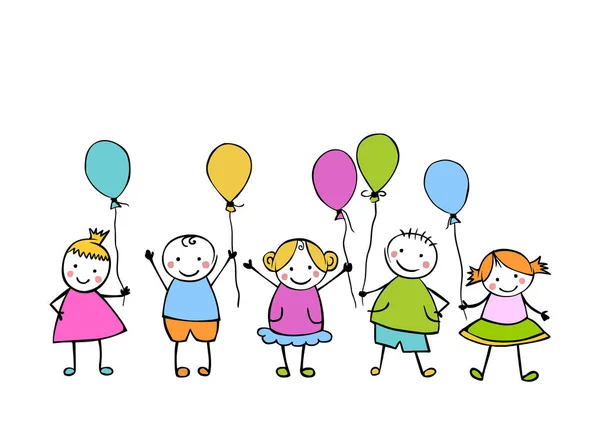 Friends. Boys and girls with balloons. Little people in children — Stock Vector