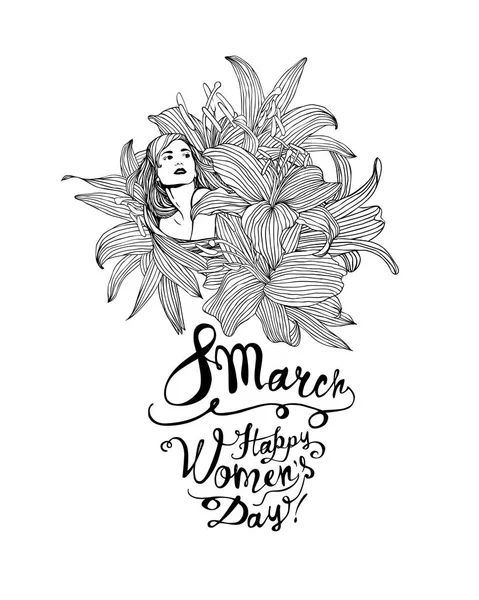 Marzo Feliz Día Mujer Chica Con Flores Lirio Ilustración Lineal — Vector de stock