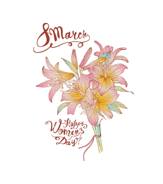 Marzo Feliz Día Mujer Tarjeta Felicitación Vectorial Con Ramo Lirios — Archivo Imágenes Vectoriales