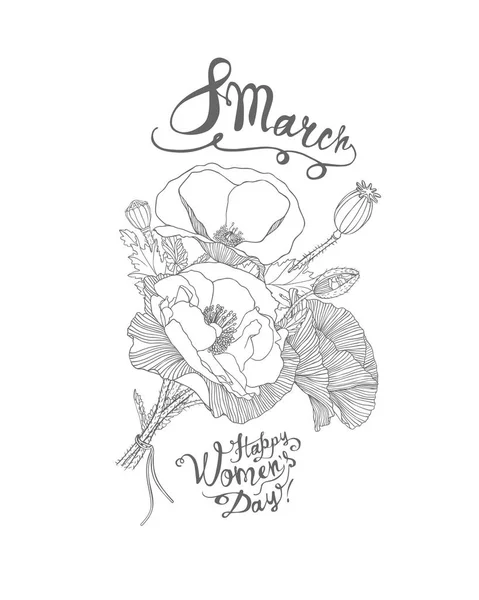 幸せな女の日 線形ポピー花束とベクトルお祝いカード — ストックベクタ