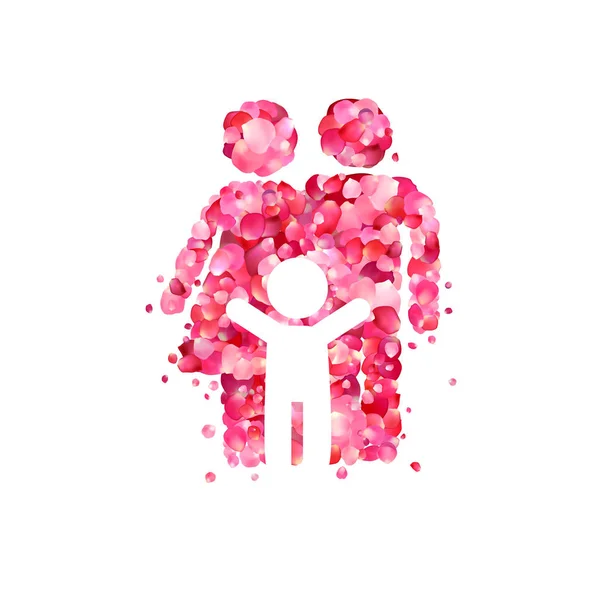 Rodzina Symbol Mama Tata Dziecko Wektor Ikona Różowymi Płatkami Róż — Wektor stockowy