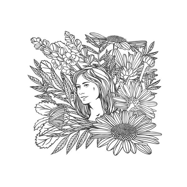 Chica Con Flores Ilustración Lineal Vectorial Blanco Negro — Vector de stock