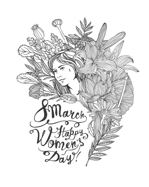 Março Feliz Dia Das Mulheres Rapariga Flores Ilustração Linear Vetorial —  Vetores de Stock