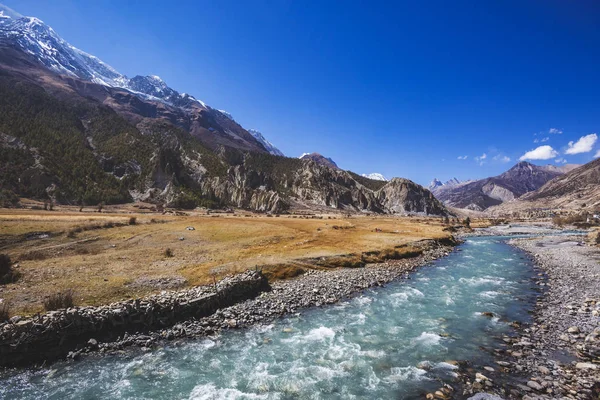 Turquoise Marsyandi River Braka Village Nepalese Himalayas Royalty Free Stock Photos