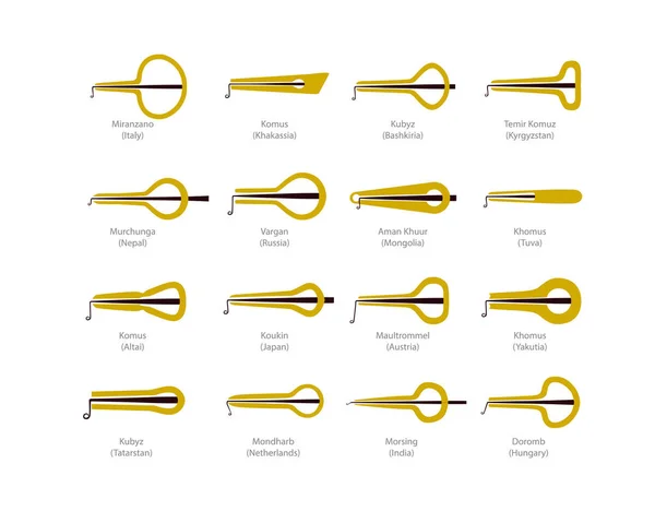 Conjunto Arpas Bucales Instrumentos Musicales Diferentes Países Con Títulos — Archivo Imágenes Vectoriales