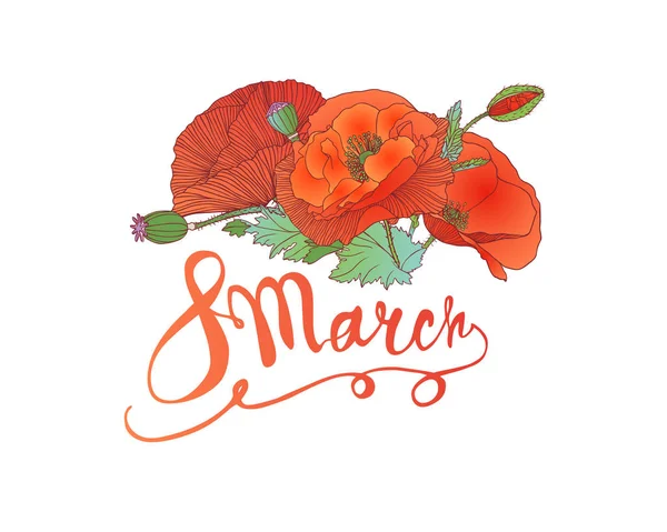 Março Dia Mulher Cartão Vetor Com Flores Papoula —  Vetores de Stock