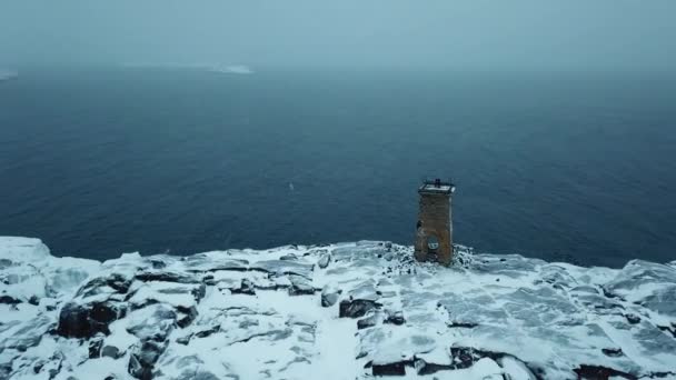 Gamla Fyren Stranden Barents Hav Norra Ishavet Kolahalvön Vinterlandskap — Stockvideo