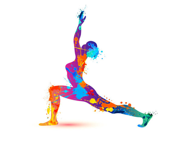 Yoga asana virabhadrasana. Warrior pose. Splash paint