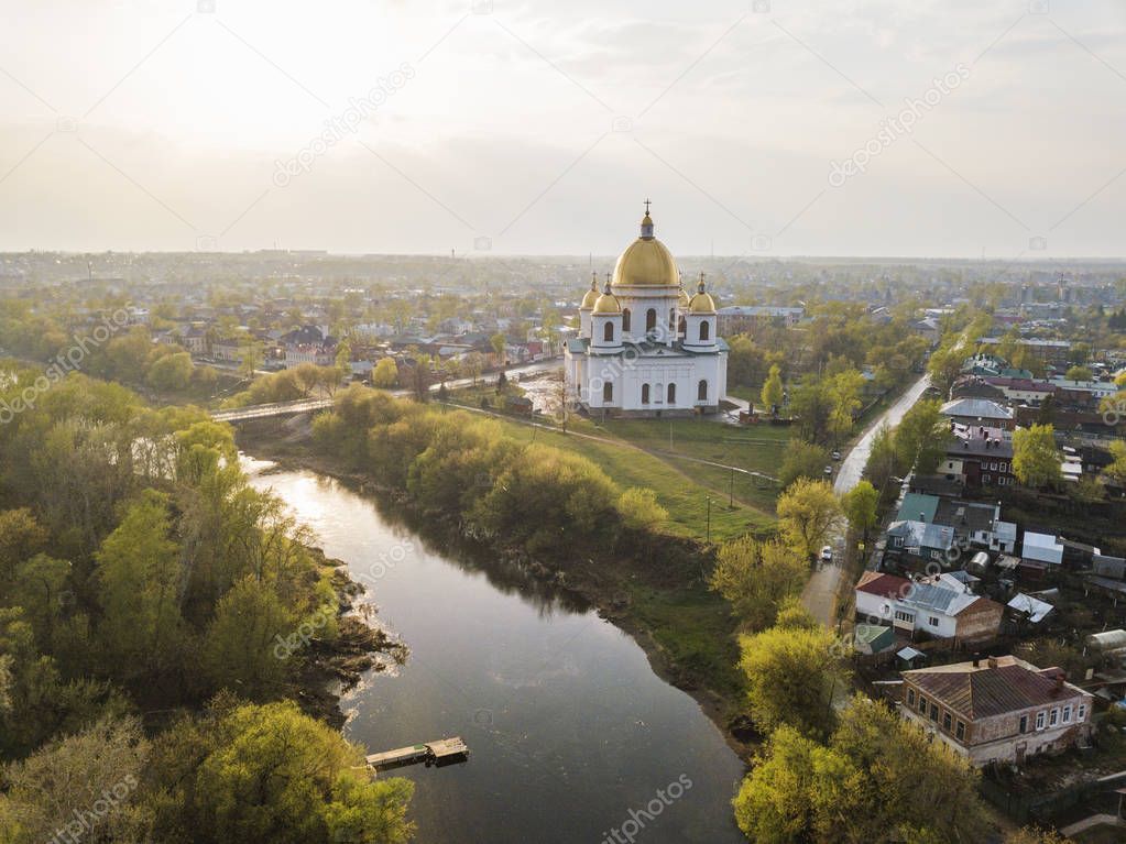 The city of Morshansk. Spring aerial view. Russia. Trinity Cathe