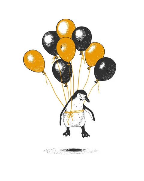 Pingouin volant sur des ballons. Illustration vectorielle — Image vectorielle